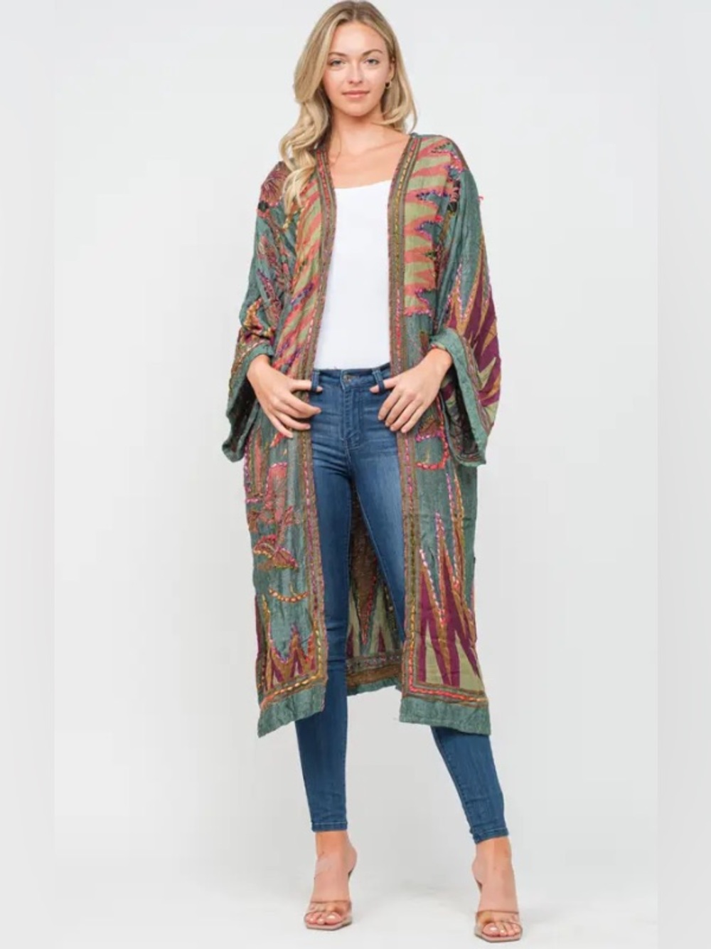 Raj Boho Floral Embroidered Duster Kimono - Sage Green & Rust